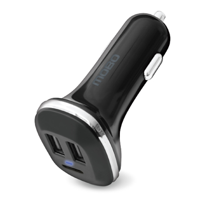CARGADOR PARA AUTO MOBO 2 PUERTOS USB-A 1 USB-C NEGRO 4.8A/24W