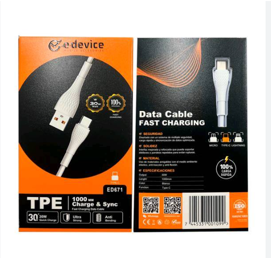 CABLE USB E-DEVICE ED671 TIPO C BLANCO
